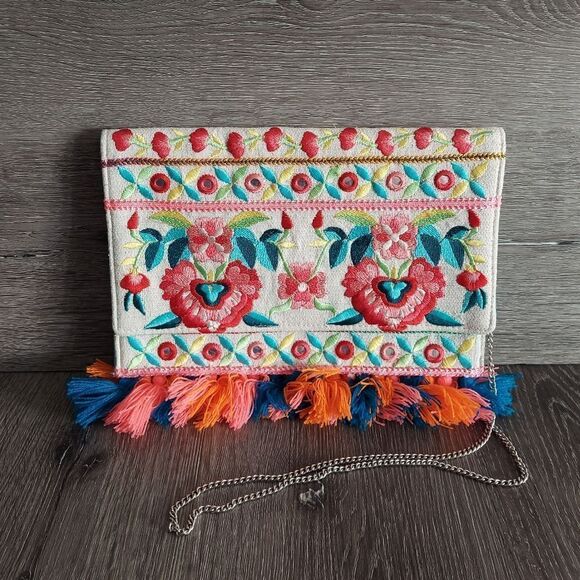 Multicolor Floral Embroidered Envelope Bag w/ Chain Strap Shoulder Clutch Purse - Picture 1 of 6